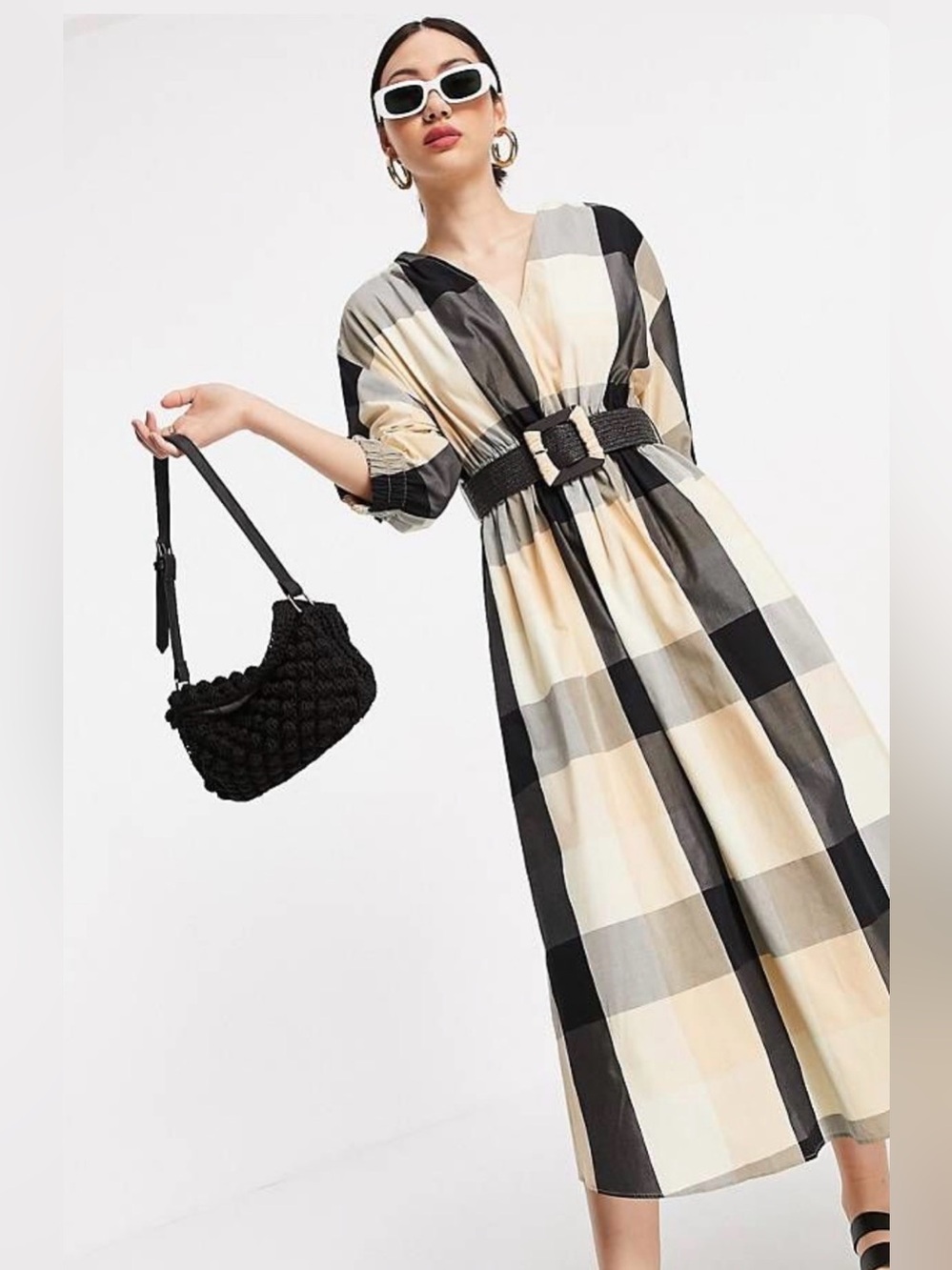 Mango Check Print Belted Midi Dress Plaid V-Neck Puff Sleeve Size 4